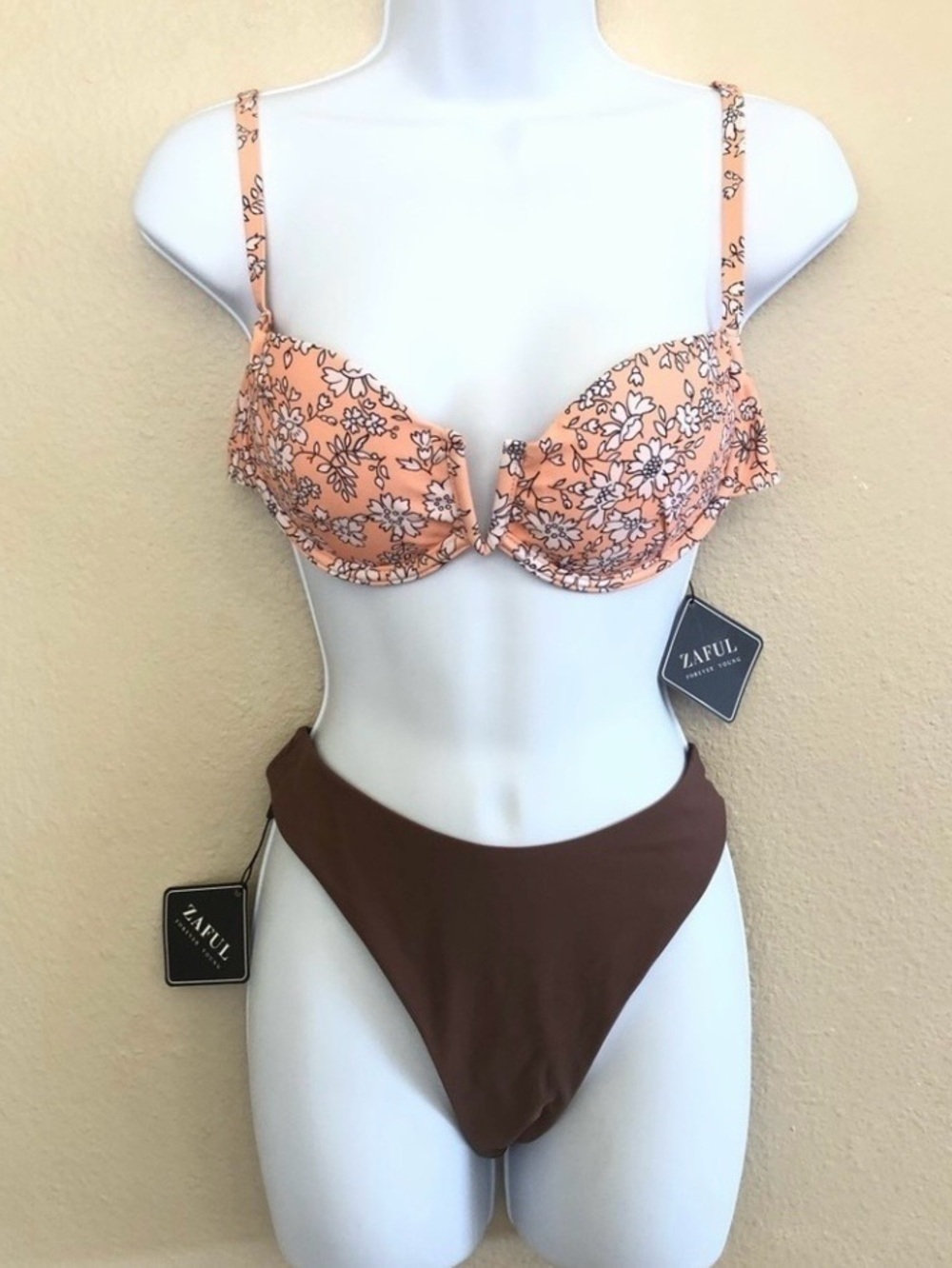 Zaful Peach Floral Underwire Top Brown High Cut Leg Bottom Bikini Swim Set M/6